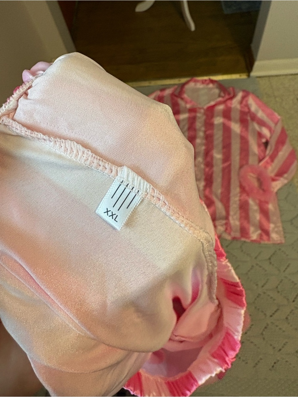 Pink Satin Stripe Pajama Set with Feathered Cuffs - Picture 5 of 6